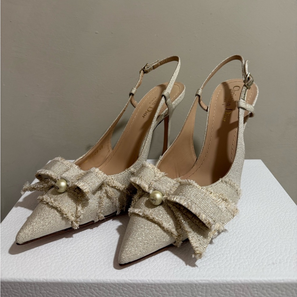 Dior Cream Slingback Heels with Pearl Accent